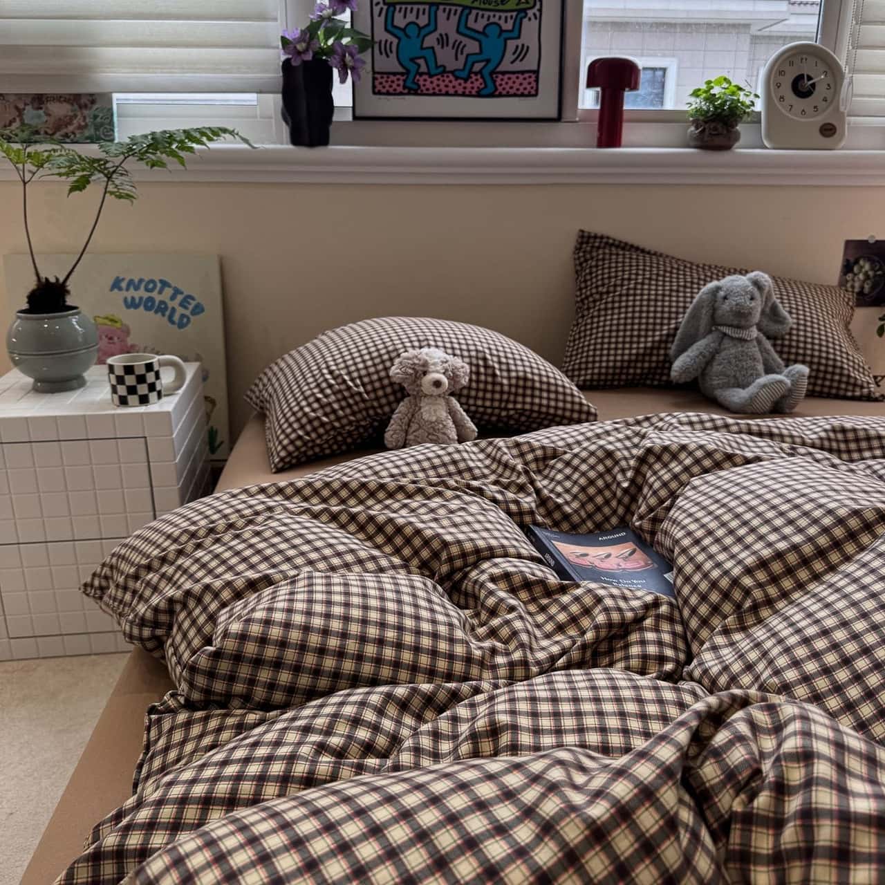 Vintage Brown Plaid Duvet Cover Set – Cozy Cottagecore Bedding with Pillowcases