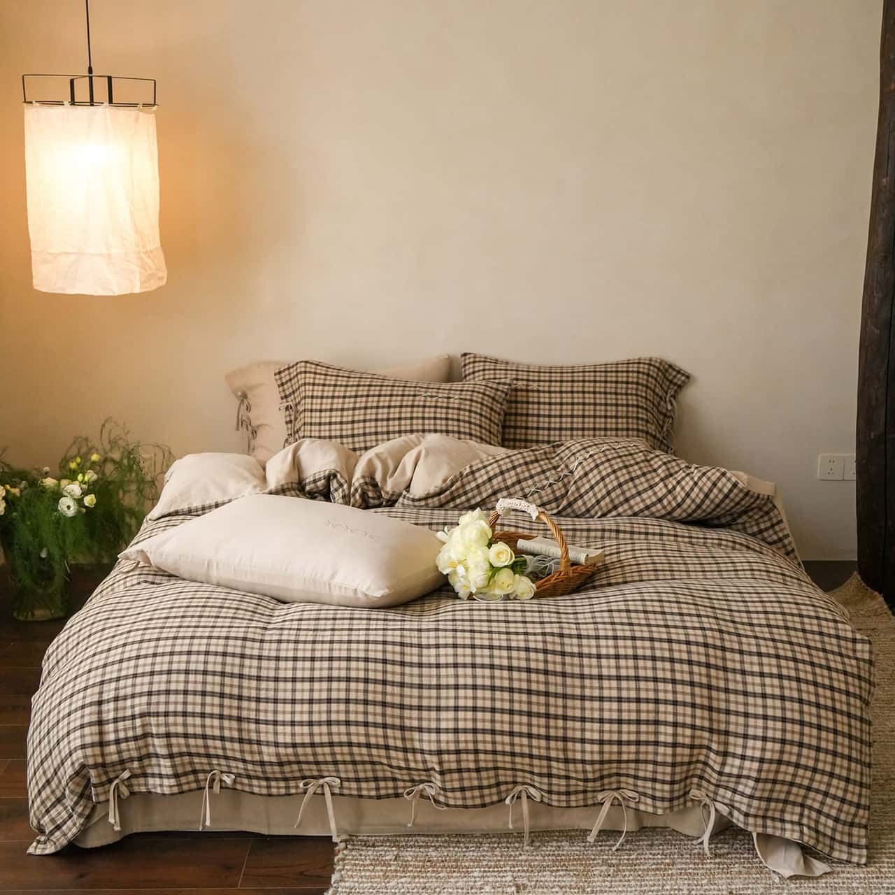 Texihome Beige Gingham Cotton Duvet Cover Set with Tie Closures - Main Image