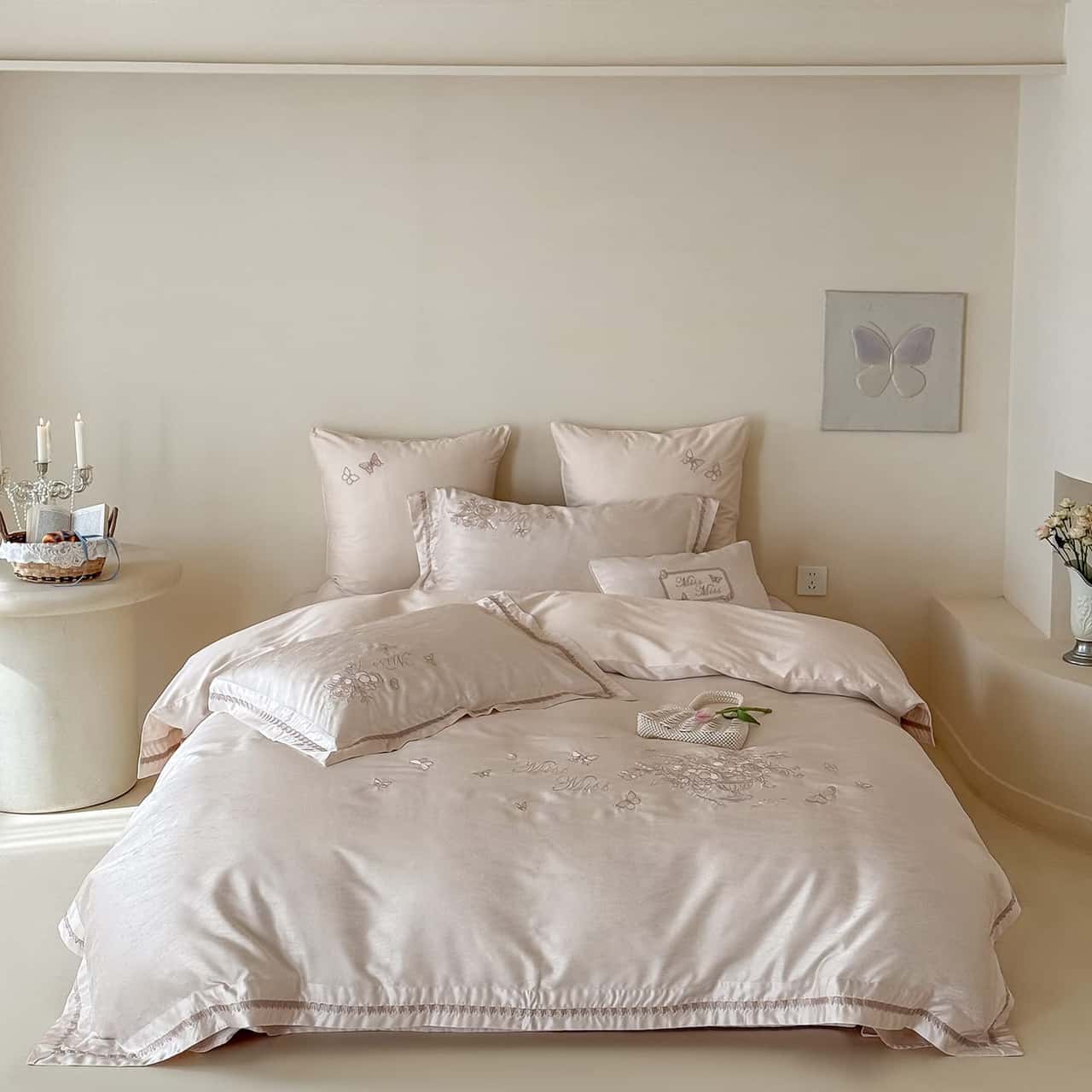 Texihome Embroidered Butterfly Satin Duvet Cover Set in Blush Pink - Main Image