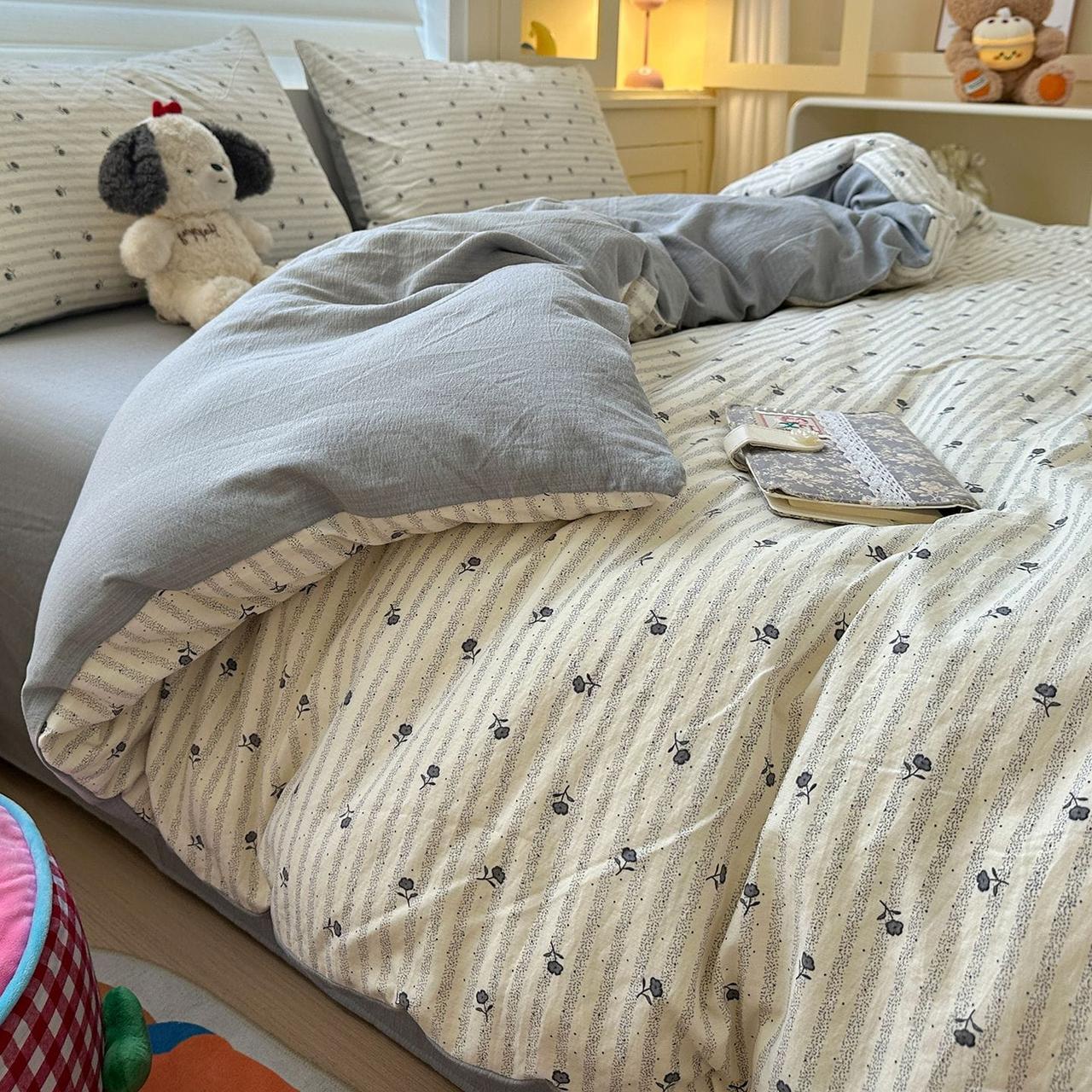 Beige Floral Cotton Bedding Set – Soft Cottagecore Bed Sheets, French Country Style Duvet Cover Set