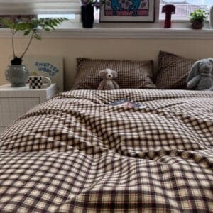 Vintage Brown Plaid Duvet Cover Set – Cozy Cottagecore Bedding with Pillowcases thumbnail 6