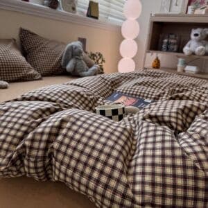 Vintage Brown Plaid Duvet Cover Set – Cozy Cottagecore Bedding with Pillowcases thumbnail 5