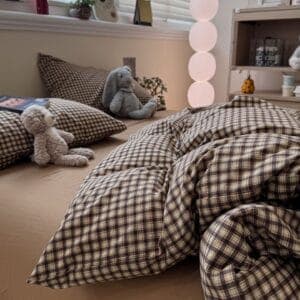 Vintage Brown Plaid Duvet Cover Set – Cozy Cottagecore Bedding with Pillowcases thumbnail 3