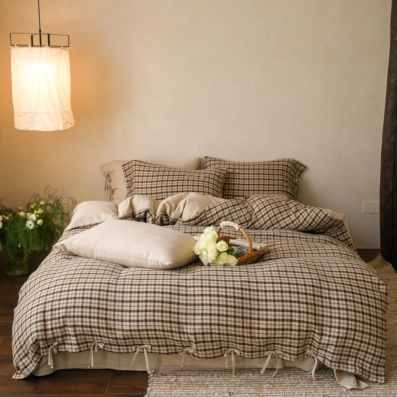 Beige Gingham Cotton Duvet Cover Set with Tie Closures
