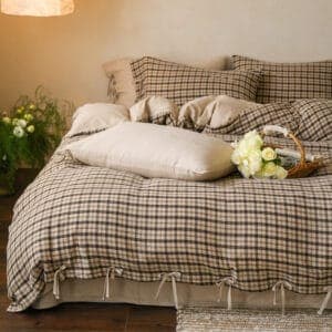 Texihome Beige Gingham Cotton Duvet Cover Set with Tie Closures - Image 3