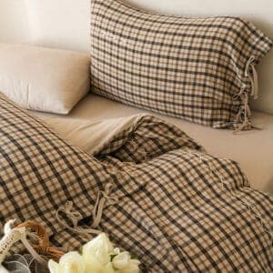 Texihome Beige Gingham Cotton Duvet Cover Set with Tie Closures - Image 4