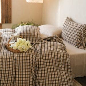 Texihome Beige Gingham Cotton Duvet Cover Set with Tie Closures - Image 5