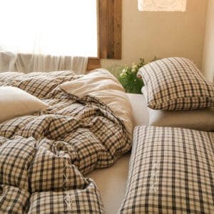 Texihome Beige Gingham Cotton Duvet Cover Set with Tie Closures - Image 7