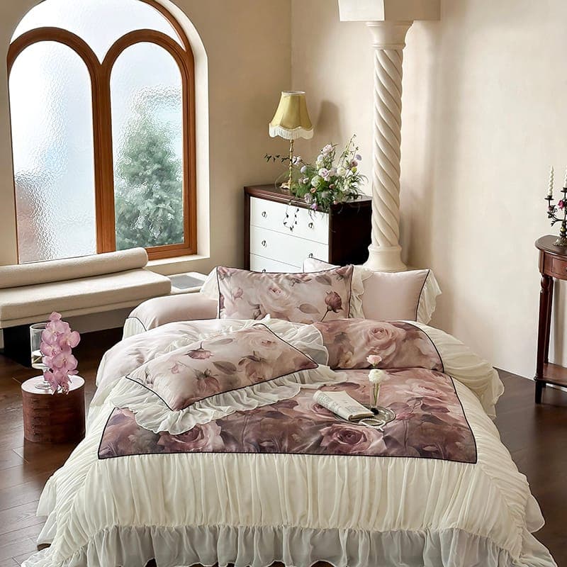 Duvet Cover Set Vintage Floral Ruffle