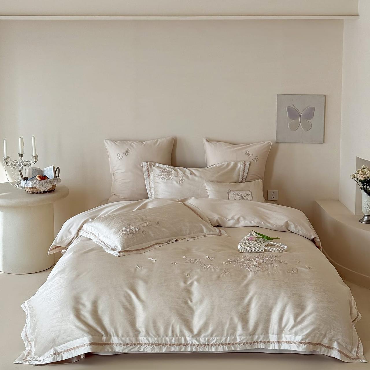 Elegant Butterfly Embroidered Ivory Duvet Cover Set