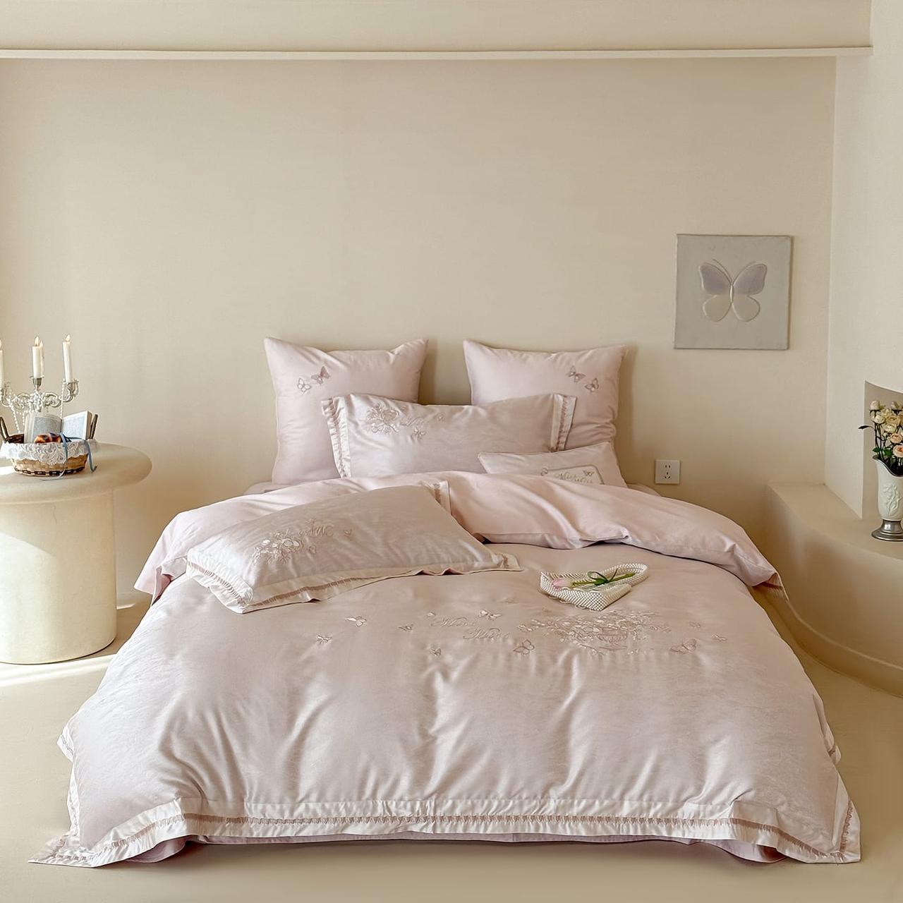 Embroidered Blush Pink Sateen Duvet Cover Set