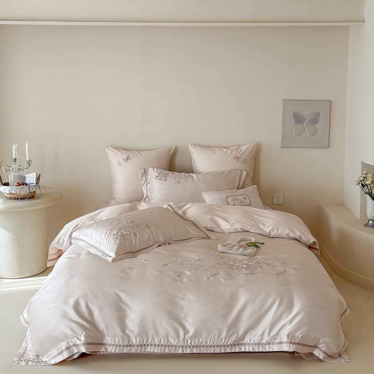 Embroidered Butterfly Satin Duvet Cover Set in Blush Pink
