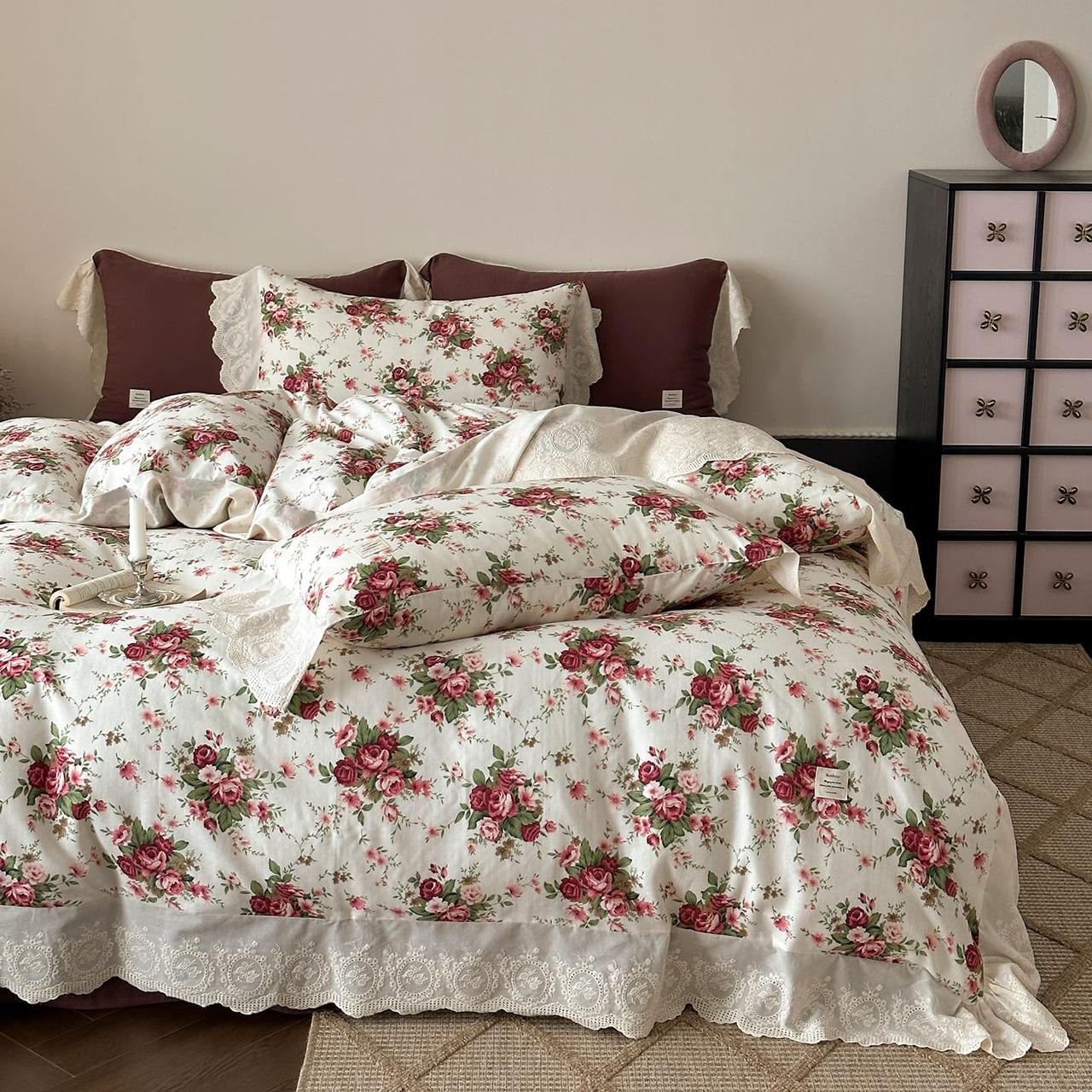 Floral Cotton Duvet Cover Set with French Ruffles