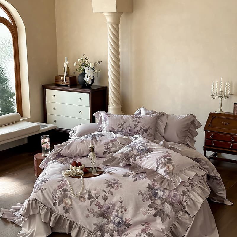 French Floral Ruffled Duvet Cover Set