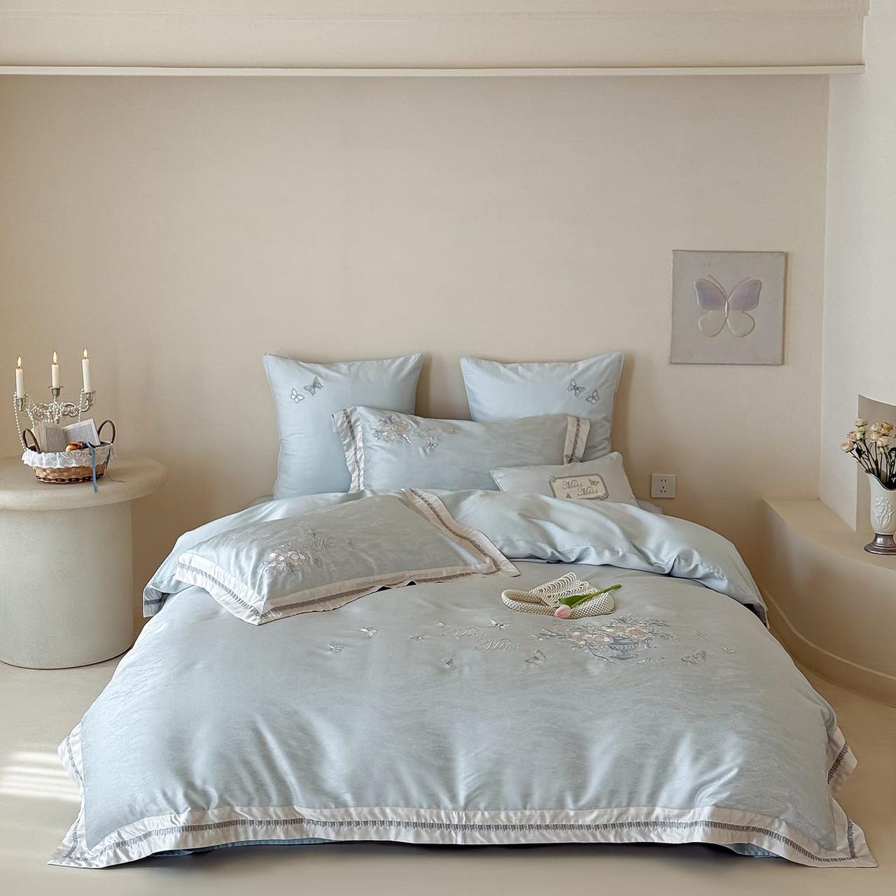 Powder Blue Floral Embroidered Duvet Cover Set