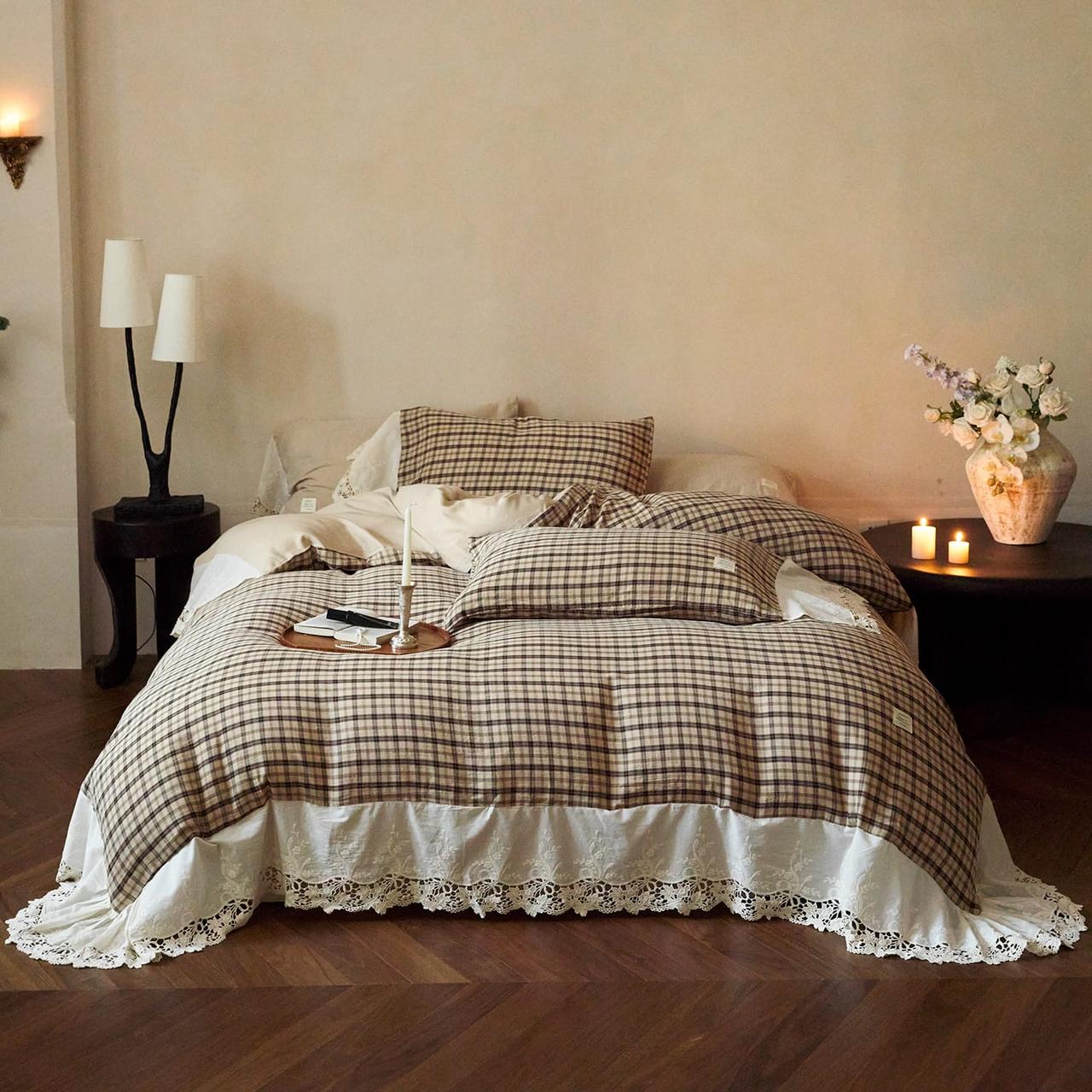 Vintage Brown Plaid Duvet Cover Set with Lace Trim