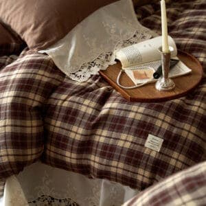 Texihome Vintage Brown Plaid Duvet Cover Set with Lace Trim - Image 4