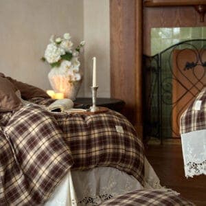 Texihome Vintage Brown Plaid Duvet Cover Set with Lace Trim - Image 6