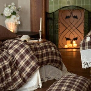 Texihome Vintage Brown Plaid Duvet Cover Set with Lace Trim - Image 7
