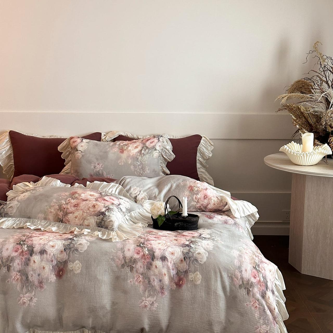 Vintage Floral Duvet Cover Set with Ruffled Edges