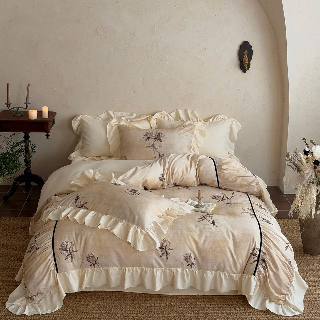 Vintage Rose Duvet Cover Set with Ruffled Edges
