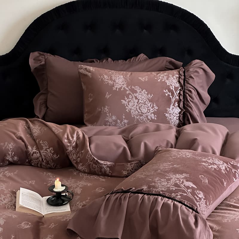 French Vintage Floral Jacquard Bedding Set in Cocoa Brown