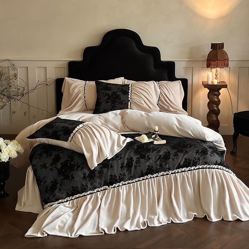 Plush Velvet Bedding Set with Ruffled Floral Trim